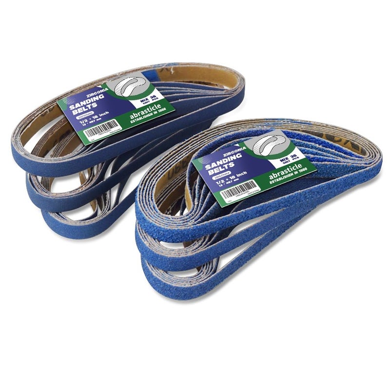 abrasticle 1/2"" x 18"" Zirconia Sanding Belts for Metal, 1/2 x 18 Inch Zirconia Metal Grinding Sand Paper, 36 PCS 6 Each of 40/60/80/120/180/240 Assorted Grits, Perfect for Metal Polishing, Derusting, Woodworking - Image 1